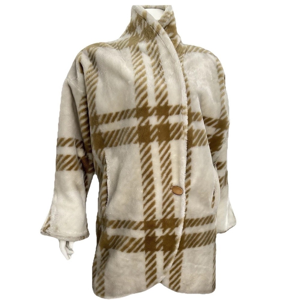 Vintage Donnybrook Faux Fur Cocoon Coat Plaid Beige Quiet Luxury Old Money L